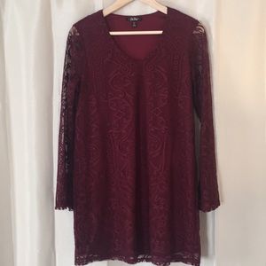 Maroon lace dress with shear arms. Size medium